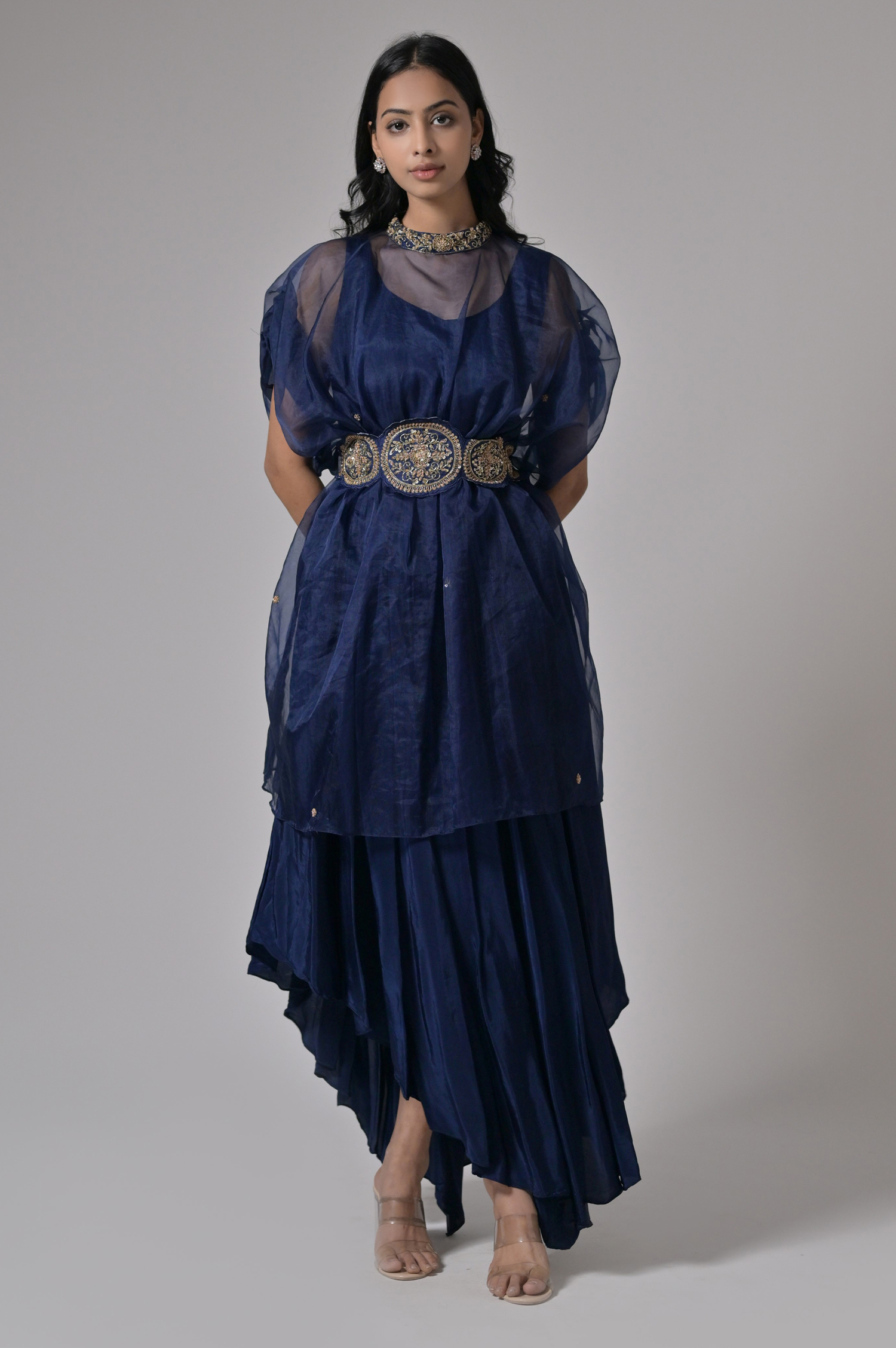 Organza Navy Blue Embroidered Gown with  Baloon Style Top 